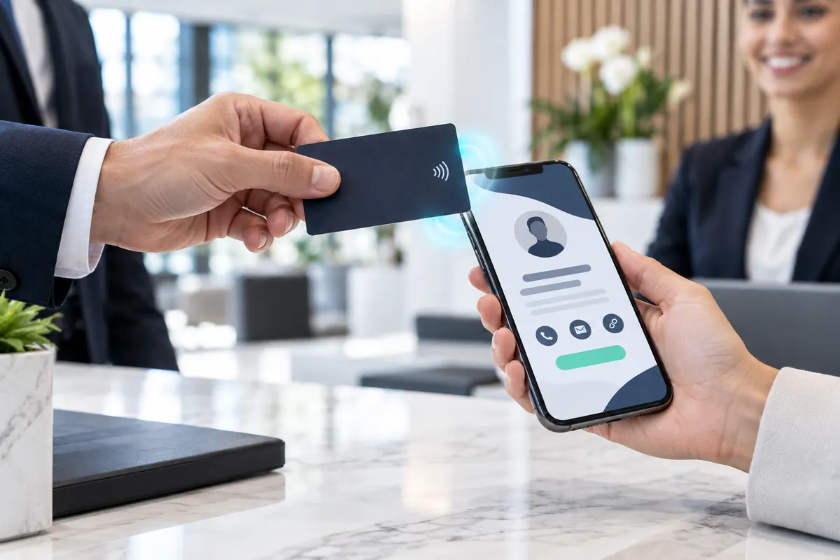 Cartão NFC compartilhando um perfil profissional com um smartphone