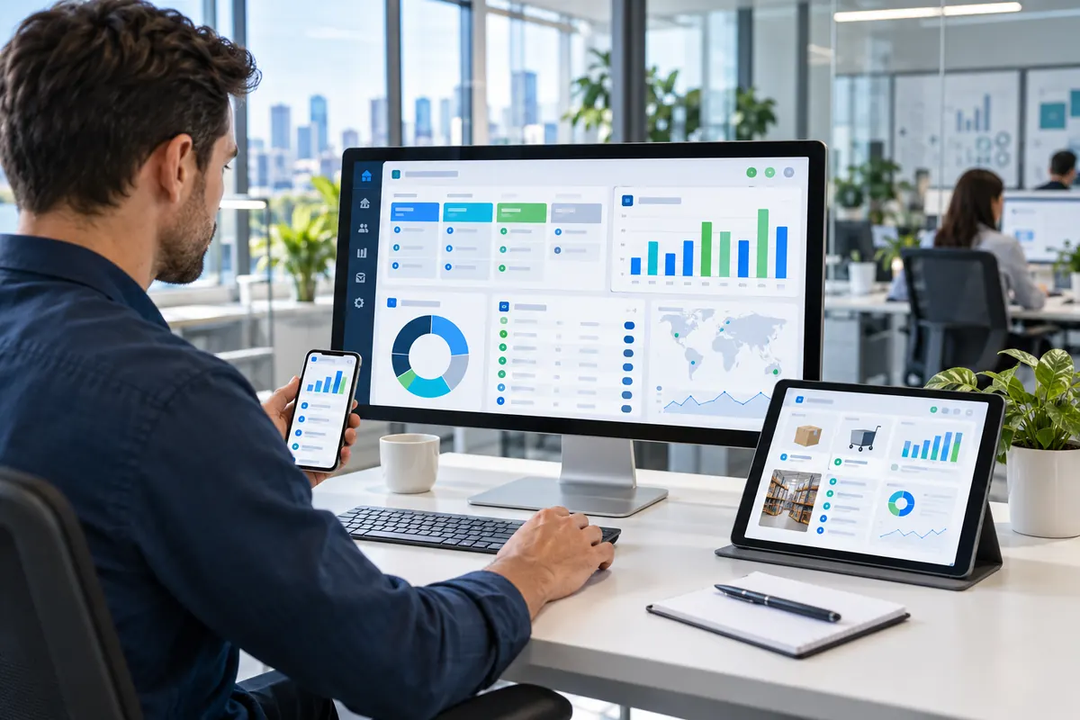 Sistema de gestão CRM e ERP integrado em computador, tablet e celular